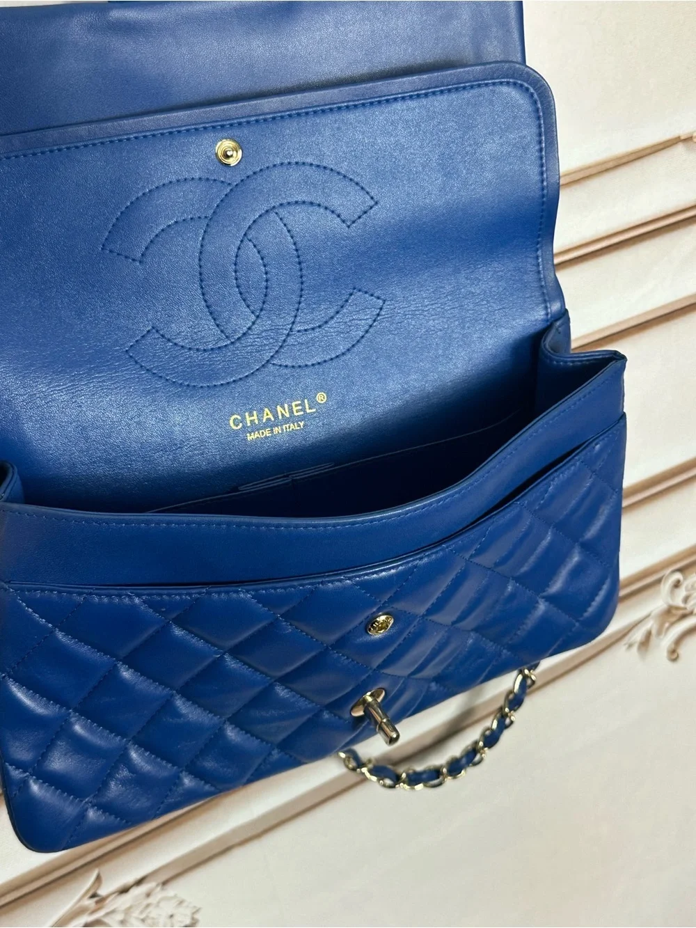 CHANEL Quilted Double Flap Shoulder Bag in Royal Blue with Silver Hardware